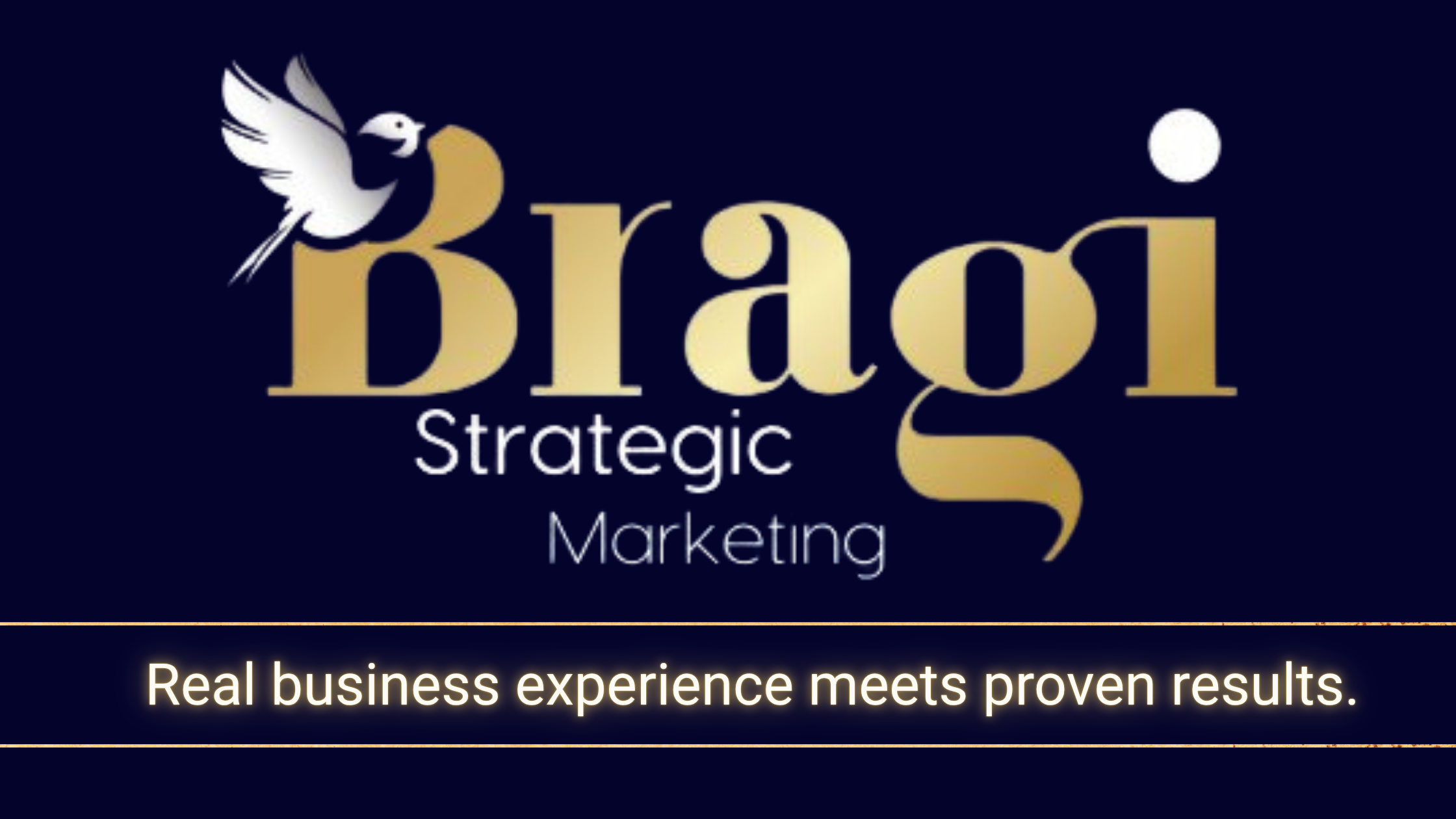 Bragi Strategic marketing logo featuring a white dove and the words "Real business experience meets proven results"